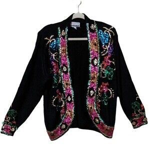 Diana Marco silk blend sequined knit cardigan party cocktail funky women's 18